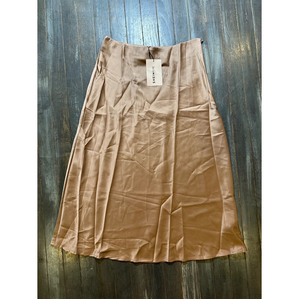 SHEINBAE Women Champagne Gold Satin Midi Skirt High Waisted Bias Cut Elegant